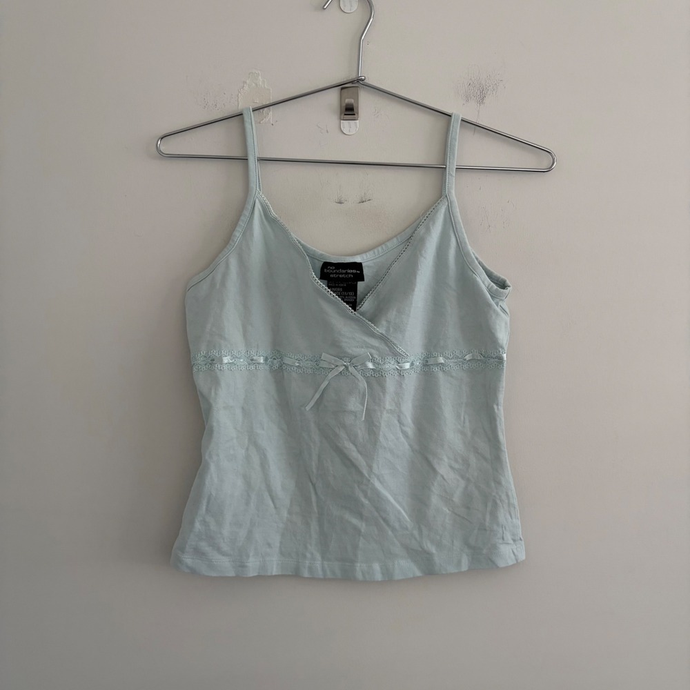 No Boundaries Stretch Cami Tank Top Clear Sky Blue Lace Bow Juniors L 11/13